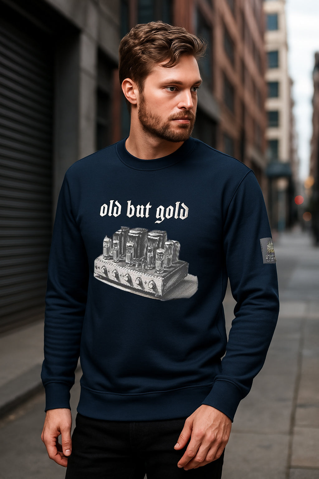 ausgefallener Pullover old but gold Röhrenverstärker prestigewavewear